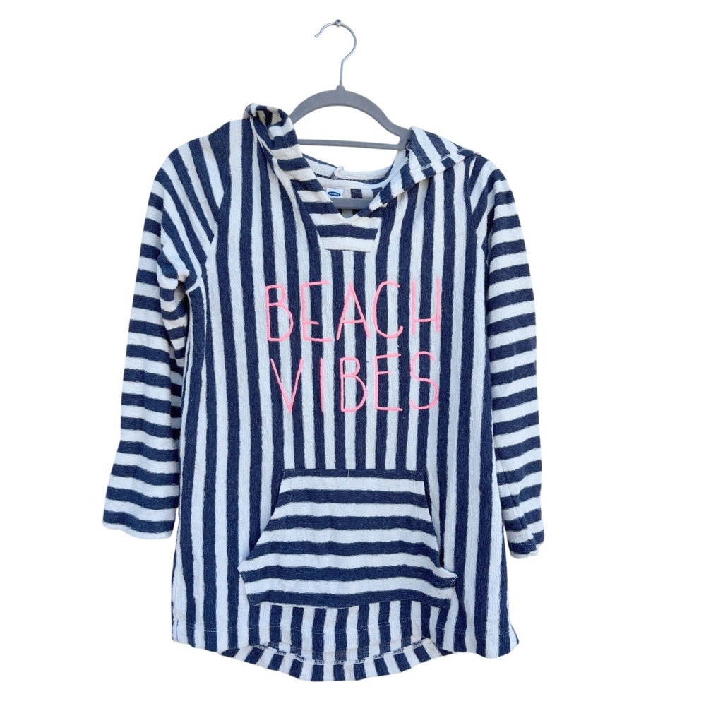 Old Navy Girls Beach Vibes Striped Terry‎ Cloth Hooded Swim Cover Up Navy XL
